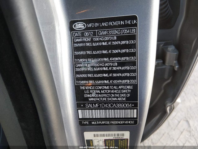 Aukcja sprzedaży 2012 Land Rover Range Rover Hse, vin: SALMF1D43CA389064, numer aukcji: 45718555