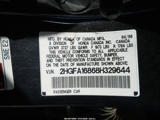 45718559 :رقم المزاد ، 2HGFA16868H329644 vin ، 2008 Honda Civic Ex مزاد بيع