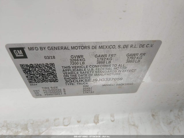 45718562 :رقم المزاد ، 3GCUKSEJ9JG337059 vin ، 2018 Chevrolet Silverado 1500 1lz مزاد بيع