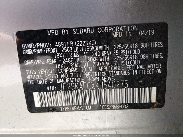 2019 Subaru Forester Sport მანქანა იყიდება აუქციონზე, vin: JF2SKAPCXKH540275, აუქციონის ნომერი: 45718571