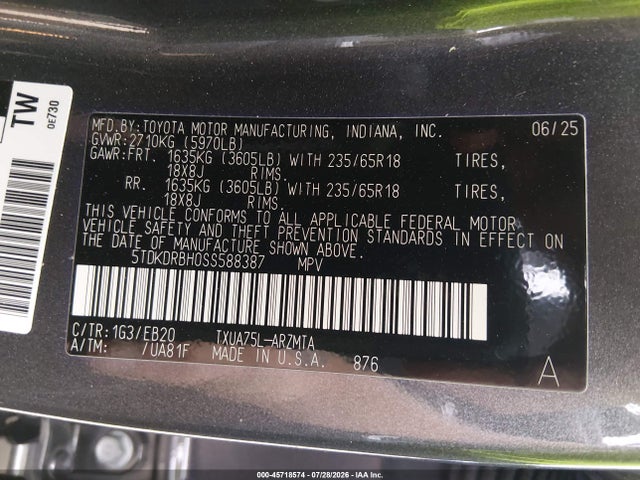 Продаж на аукціоні авто 2025 Toyota Highlander Xle, vin: 5TDKDRBH0SS588387, номер лоту: 45718574