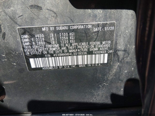 Aukcja sprzedaży 2020 Subaru Legacy Limited, vin: 4S3BWAN64L3018336, numer aukcji: 45718581