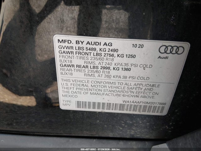 Продаж на аукціоні авто 2021 Audi Q5 Premium 45 Tfsi Quattro S Tronic, vin: WA1AAAFY0M2017888, номер лоту: 45718592