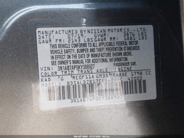 45718600 :رقم المزاد ، 3N1AB7AP0KY388927 vin ، 2019 Nissan Sentra Sv مزاد بيع