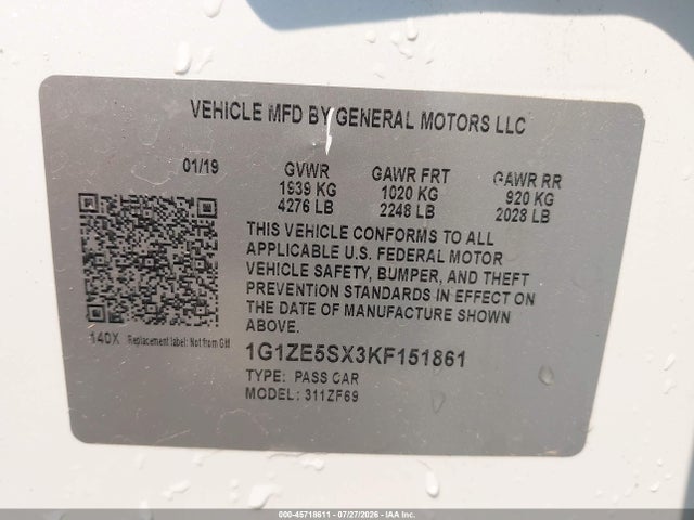 2019 Chevrolet Malibu Premier მანქანა იყიდება აუქციონზე, vin: 1G1ZE5SX3KF151861, აუქციონის ნომერი: 45718611