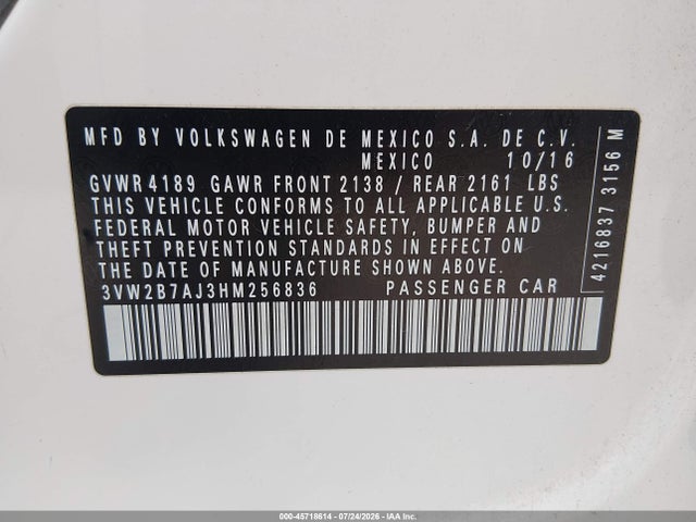 2017 Volkswagen Jetta 1.4t S მანქანა იყიდება აუქციონზე, vin: 3VW2B7AJ3HM256836, აუქციონის ნომერი: 45718614