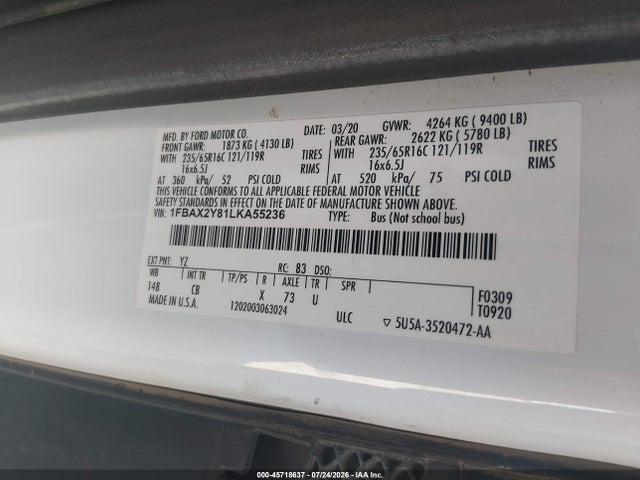 Ford Transit-350 Passenger Van Xl 2020 1FBAX2Y81LKA55236 Image 9