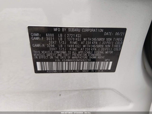 Aukcja sprzedaży 2021 Subaru Ascent Touring, vin: 4S4WMARD0M3460236, numer aukcji: 45718644