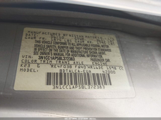 Продаж на аукціоні авто 2011 Nissan Versa 1.6, vin: 3N1CC1AP5BL372383, номер лоту: 45718645