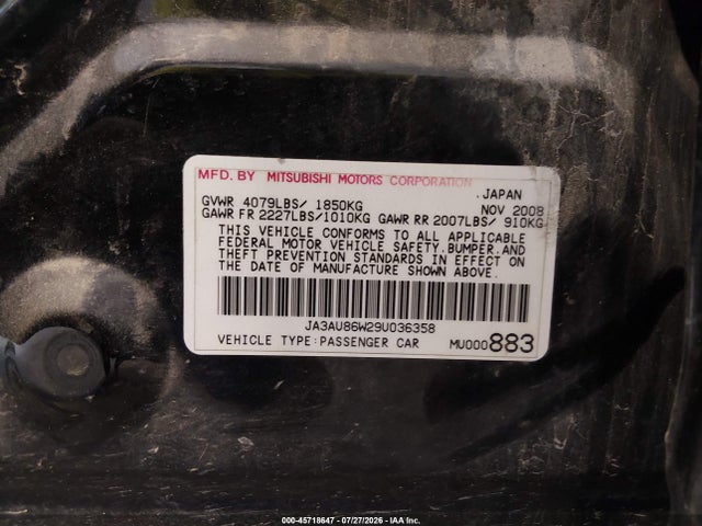 45718647 :رقم المزاد ، JA3AU86W29U036358 vin ، 2009 Mitsubishi Lancer Gts مزاد بيع
