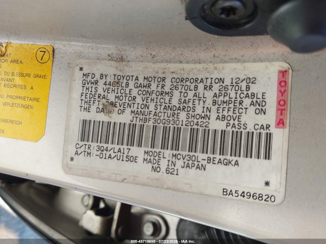 Aukcja sprzedaży 2003 Lexus Es 300, vin: JTHBF30G930120422, numer aukcji: 45718650