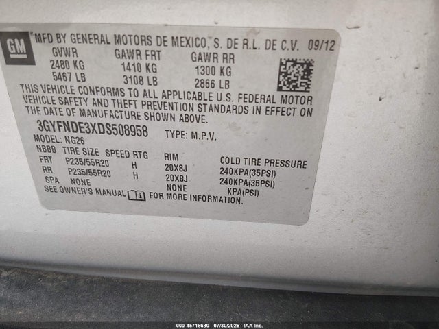 Aukcja sprzedaży 2013 Cadillac Srx Performance Collection, vin: 3GYFNDE3XDS508958, numer aukcji: 45718680