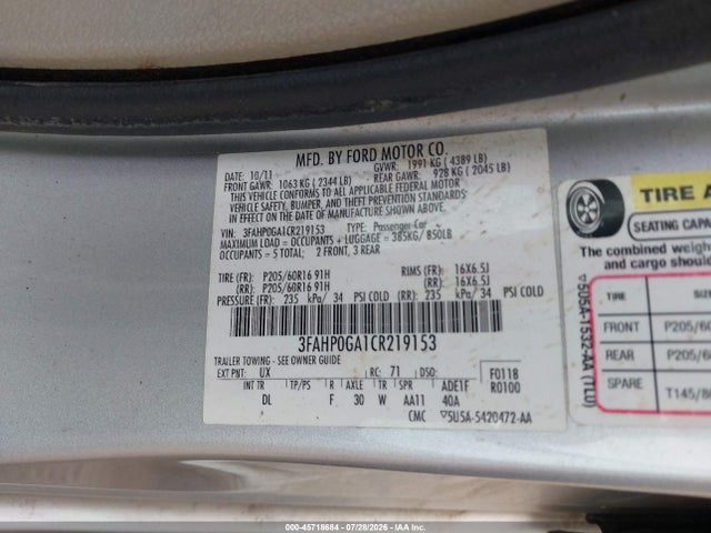 45718684 :رقم المزاد ، 3FAHP0GA1CR219153 vin ، 2012 Ford Fusion S مزاد بيع