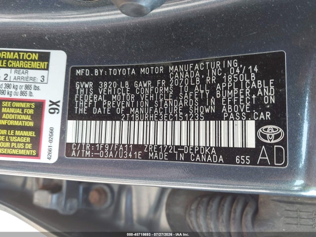 Продаж на аукціоні авто 2014 Toyota Corolla L, vin: 2T1BURHE3EC151235, номер лоту: 45718693