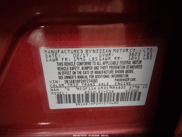 3N1AB7AP2HY274680 Nissan SENTRA SV