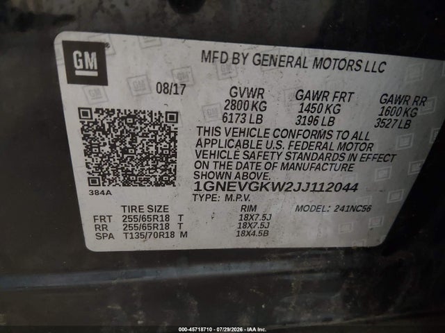 45718710 :رقم المزاد ، 1GNEVGKW2JJ112044 vin ، 2018 Chevrolet Traverse Lt Cloth مزاد بيع