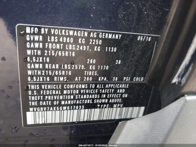 2016 Volkswagen Tiguan S მანქანა იყიდება აუქციონზე, vin: WVGBV7AX5GW617833, აუქციონის ნომერი: 45718717
