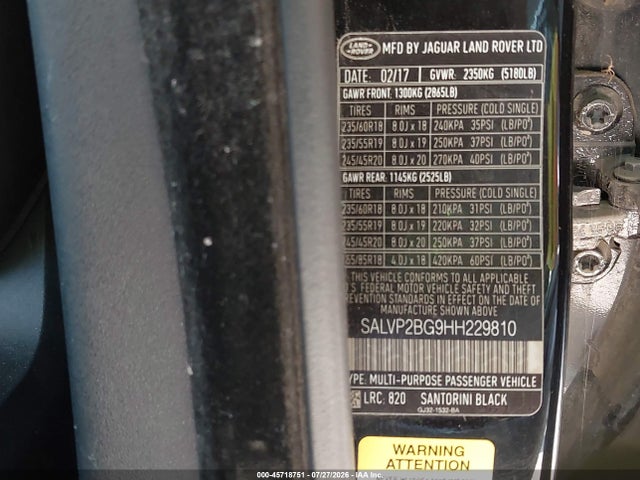 45718751 :رقم المزاد ، SALVP2BG9HH229810 vin ، 2017 Land Rover Range Rover Evoque Se/se Premium مزاد بيع