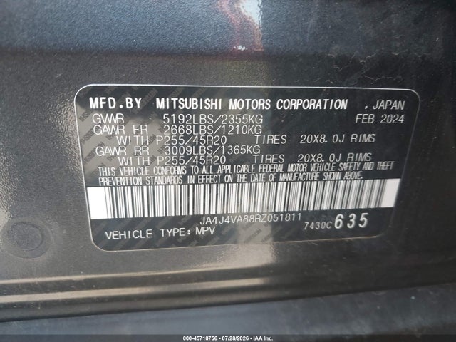 45718756 :رقم المزاد ، JA4J4VA88RZ051811 vin ، 2024 Mitsubishi Outlander Se 2.5 S-awc/se Black Edition S-awc/se Black Edition W/pano Roof S-awc/se Ralliart S-awc مزاد بيع