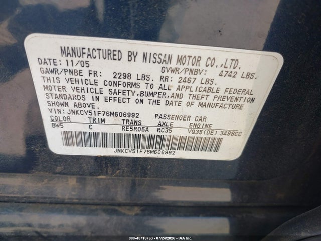 2006 Infiniti G35x მანქანა იყიდება აუქციონზე, vin: JNKCV51F76M606992, აუქციონის ნომერი: 45718763