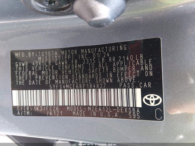 2024 Toyota Corolla Se მანქანა იყიდება აუქციონზე, vin: 5YFS4MCE6RP184827, აუქციონის ნომერი: 45718770