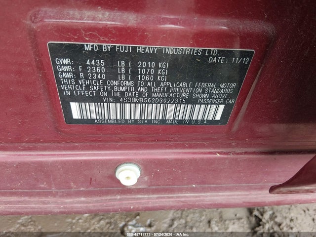 Продажа на аукционе авто 2013 Subaru Legacy 2.5i Premium, vin: 4S3BMBG62D3022315, номер лота: 45718771