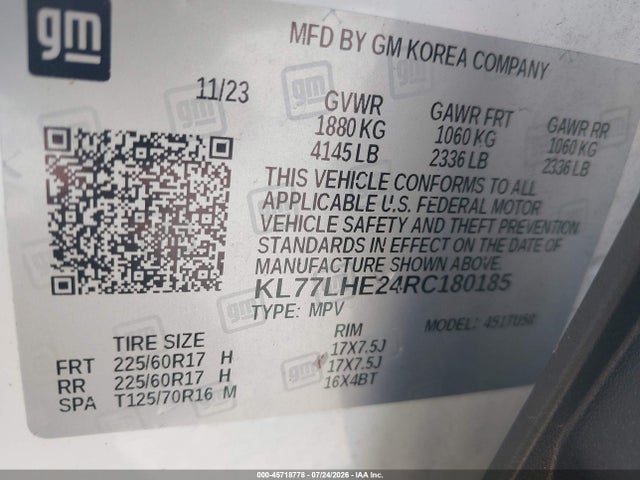 Aukcja sprzedaży 2024 Chevrolet Trax Fwd Lt, vin: KL77LHE24RC180185, numer aukcji: 45718778