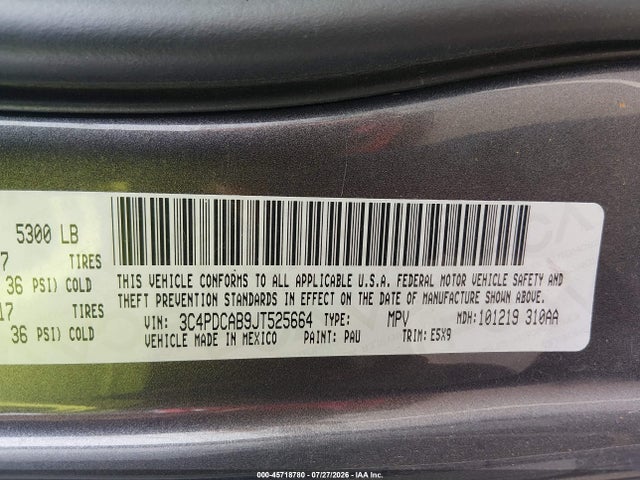 Aukcja sprzedaży 2018 Dodge Journey Se, vin: 3C4PDCAB9JT525664, numer aukcji: 45718780