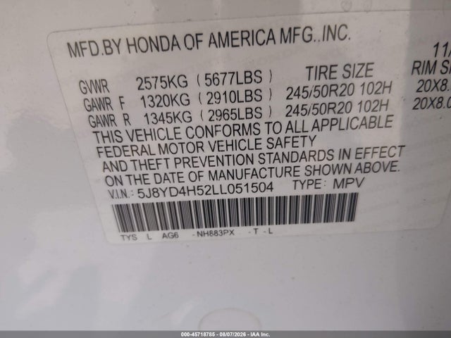 45718785 :رقم المزاد ، 5J8YD4H52LL051504 vin ، 2020 Acura Mdx Technology Package مزاد بيع