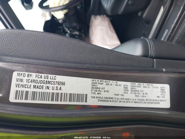 Aukcja sprzedaży 2021 Dodge Durango Gt Plus Awd, vin: 1C4RDJDG8MC579266, numer aukcji: 45718792