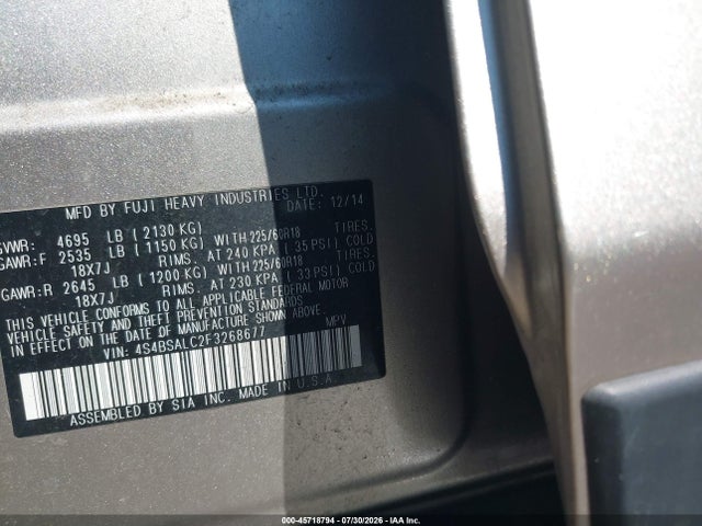 2015 Subaru Outback 2.5i Limited მანქანა იყიდება აუქციონზე, vin: 4S4BSALC2F3268677, აუქციონის ნომერი: 45718794