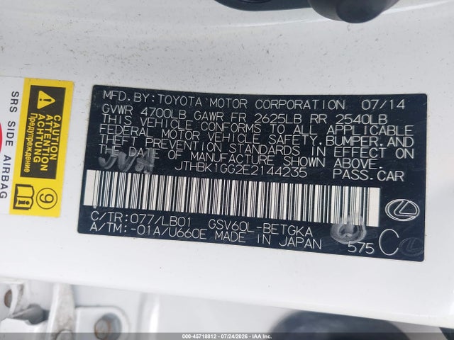 Aukcja sprzedaży 2014 Lexus Es 350, vin: JTHBK1GG2E2144235, numer aukcji: 45718812