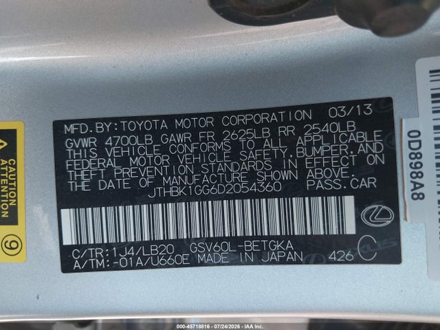 Aukcja sprzedaży 2013 Lexus Es 350, vin: JTHBK1GG6D2054360, numer aukcji: 45718816