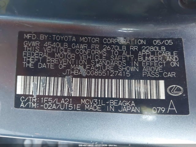 2005 Lexus Es 330 მანქანა იყიდება აუქციონზე, vin: JTHBA30G855127415, აუქციონის ნომერი: 45718822
