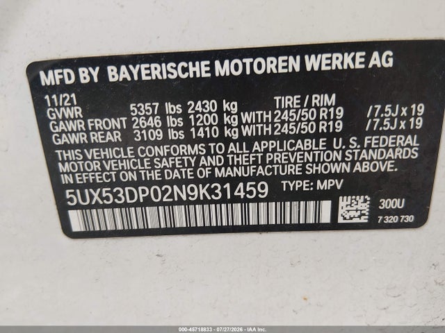 Aukcja sprzedaży 2022 Bmw X3 Xdrive30i, vin: 5UX53DP02N9K31459, numer aukcji: 45718833