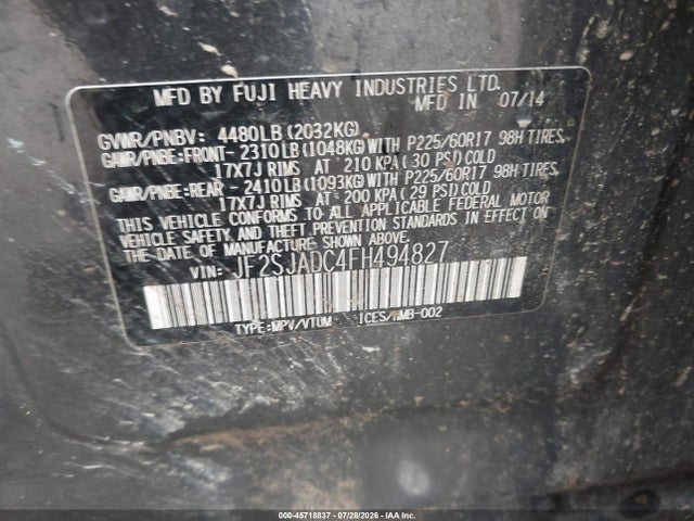 45718837 :رقم المزاد ، JF2SJADC4FH494827 vin ، 2015 Subaru Forester 2.5i Premium مزاد بيع