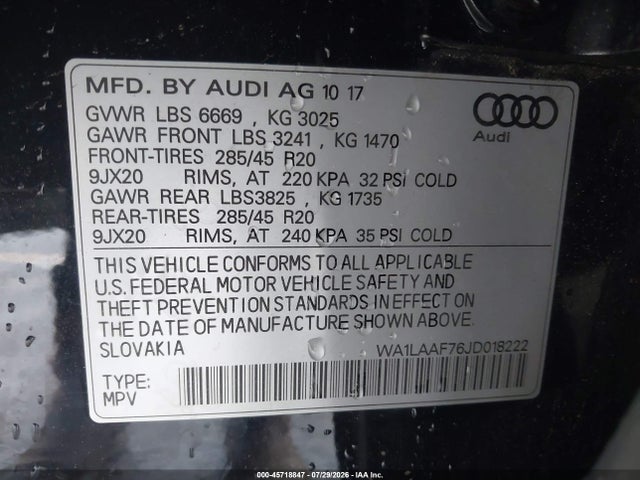 2018 Audi Q7 3.0t Premium მანქანა იყიდება აუქციონზე, vin: WA1LAAF76JD018222, აუქციონის ნომერი: 45718847