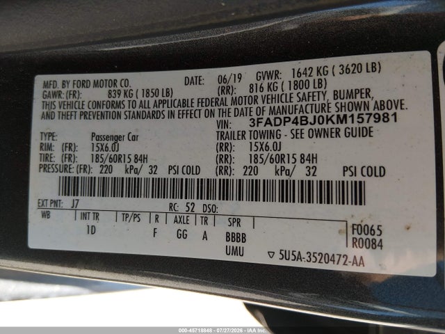 45718848 :رقم المزاد ، 3FADP4BJ0KM157981 vin ، 2019 Ford Fiesta Se مزاد بيع