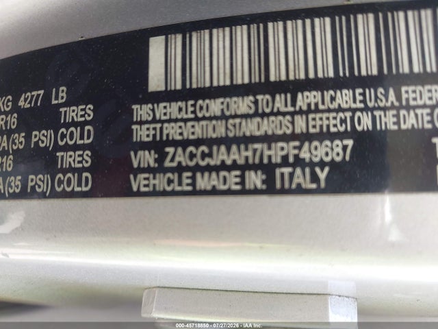 Aukcja sprzedaży 2017 Jeep Renegade Sport, vin: ZACCJAAH7HPF49687, numer aukcji: 45718850