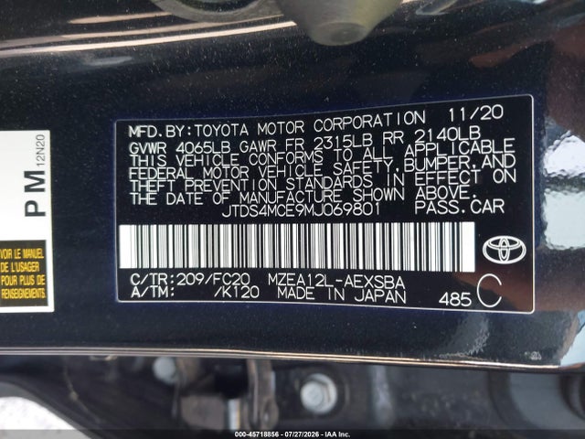 Aukcja sprzedaży 2021 Toyota Corolla Se, vin: JTDS4MCE9MJ069801, numer aukcji: 45718856