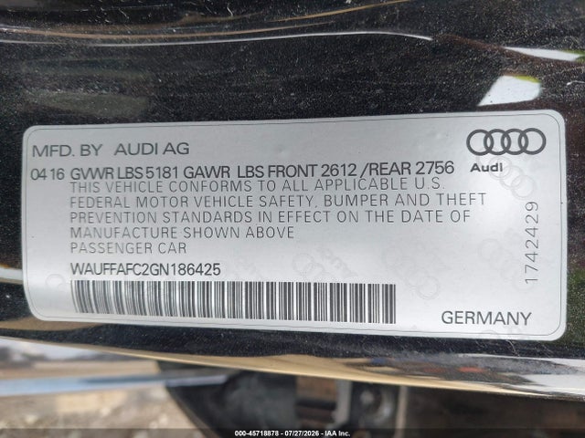 Продаж на аукціоні авто 2016 Audi A6 2.0t Premium, vin: WAUFFAFC2GN186425, номер лоту: 45718878