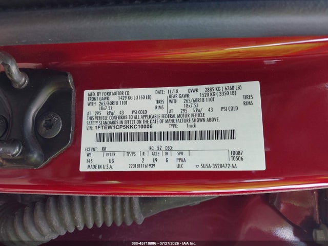 45718886 :رقم المزاد ، 1FTEW1CP5KKC10006 vin ، 2019 Ford F-150 Xlt مزاد بيع