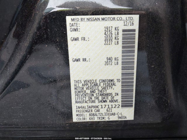 Продаж на аукціоні авто 2017 Nissan Altima 2.5 Sl, vin: 1N4AL3APXHC171122, номер лоту: 45718889