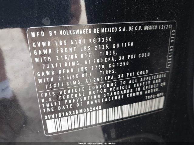 2022 Volkswagen Tiguan 2.0t S მანქანა იყიდება აუქციონზე, vin: 3VV1B7AX4NM052448, აუქციონის ნომერი: 45718895