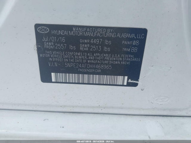 Продажа на аукционе авто 2017 Hyundai Sonata Se, vin: 5NPE24AF0HH468965, номер лота: 45718919