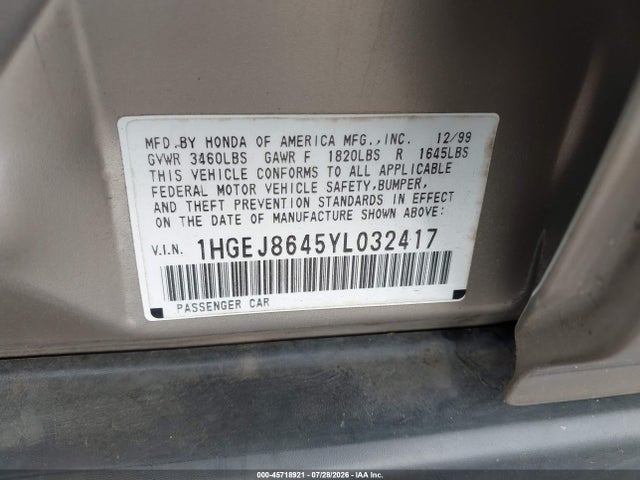 45718921 :رقم المزاد ، 1HGEJ8645YL032417 vin ، 2000 Honda Civic Ex مزاد بيع