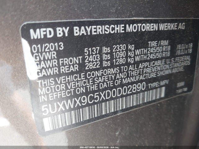 45718930 :رقم المزاد ، 5UXWX9C5XD0D02890 vin ، 2013 Bmw X3 Xdrive28i مزاد بيع