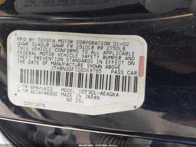 Aukcja sprzedaży 2002 Lexus Ls 430, vin: JTHBN30F720069785, numer aukcji: 45718934