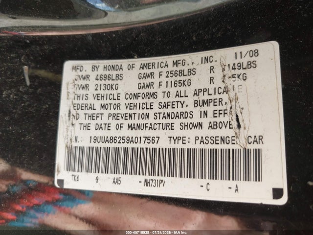 45718938 :رقم المزاد ، 19UUA86259A017567 vin ، 2009 Acura Tl 3.5 مزاد بيع