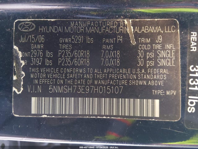 2007 Hyundai Santa Fe Limited/se მანქანა იყიდება აუქციონზე, vin: 5NMSH73E97H015107, აუქციონის ნომერი: 45718945